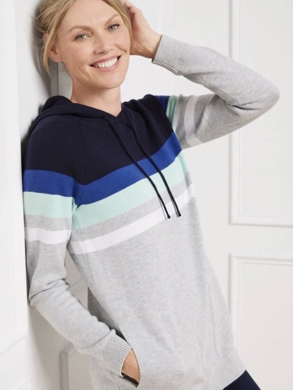 T By Talbots Hooded Sweater Colorblock Stripe high low hem Lounge L